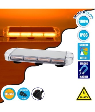 GloboStar® 85183 PRO Series Φάρος Σήμανσης Οχήματος Οδικής Βοήθείας για Αυτοκίνητα & Φορτηγά 6 Προγραμμάτων Φωτισμού STROBE LED COB 100W DC 10-30V Αδιάβροχος IP66 Πορτοκαλί